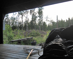View from the shelter. It's a wind shelter. Well, I can tell that this one was open in the wrong way. To Påbohus. Sweden.