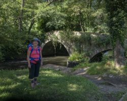 Aa old bridge. To Oviedo. Camino Primitivo. Linda in front f an old bridge. To Oviedo. Camino Primitivo.